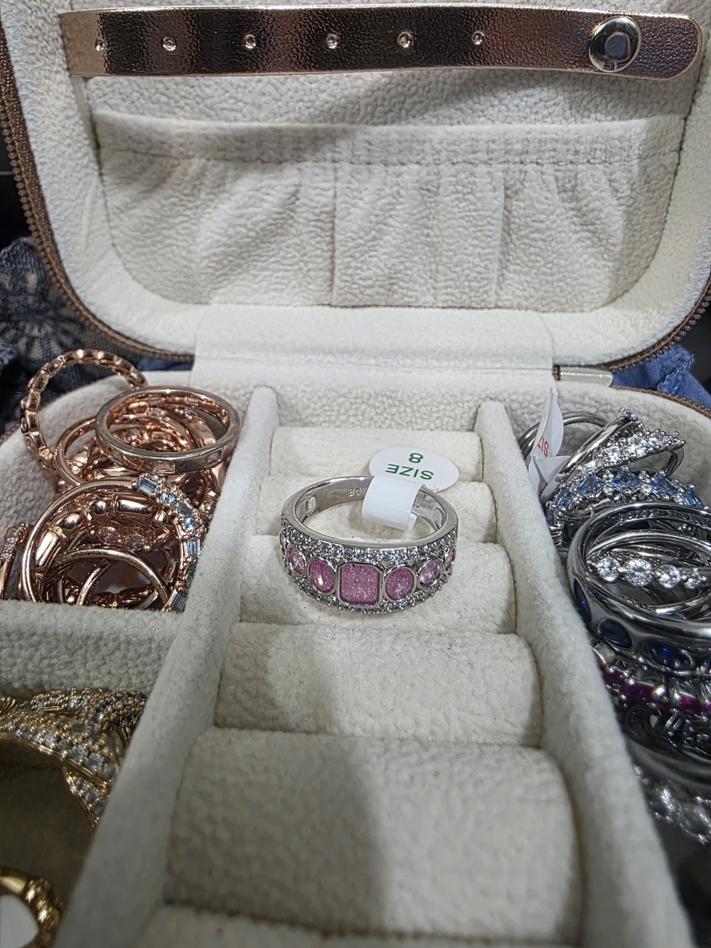 Silver Band Ring with Pink Gemstones and CZ Accents - Size 8
